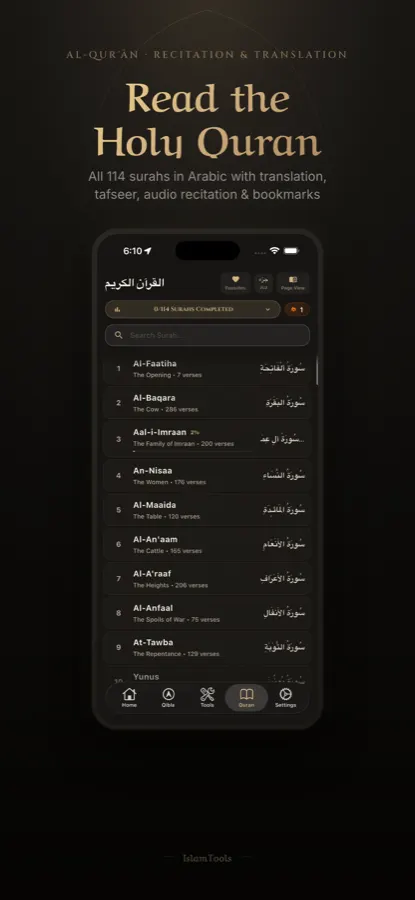 IslamTools Quran reader showing the Surah list